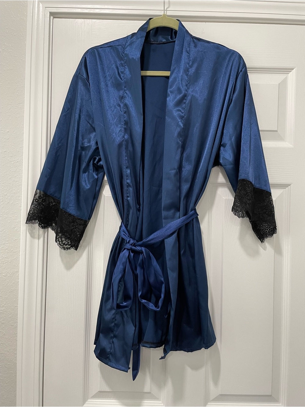 Satin Navy Blue Lace-Trim Robe - Women's Intimates & Sleepwear